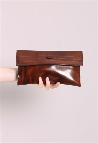 VINTAGE 60S SHINY BROWN LEATHER PURSE CLUTCH BAG
