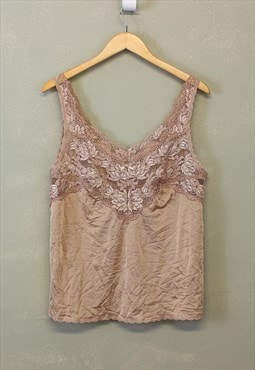 Vintage Y2K Lace Cami Top Brown With Floral Patterns 