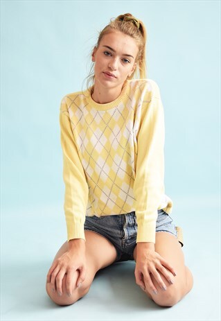 90'S RETRO ARGYLE PRINT PASTEL KNIT JUMPER