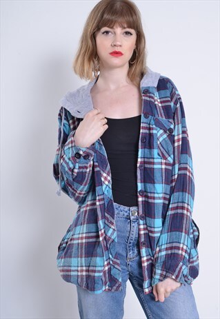 VINTAGE HOODED CHECK FLANNEL JACKET BLUE
