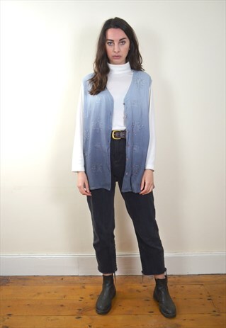 90S VINTAGE BLUE TWO TONE BUTTON UP SLEEVELESS BLOUSE
