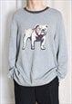 Y2K GREY GRAPHIC DOG BULLDOG PRINT COTTON KNIT SWEATER