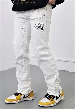 White Logo Embroidered Denim jeans pants Y2k
