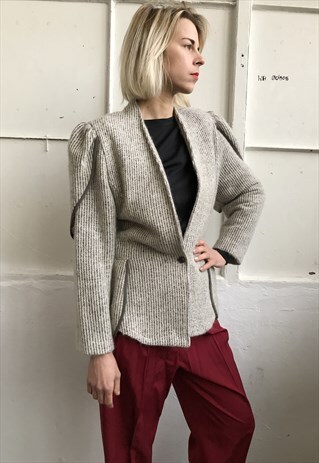VINTAGE 80' AMAZING UNIQUE WOOL LIGHT GREY JACKET