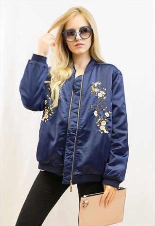 BIRD & FLORAL EMBROIDERED QUILTED SATIN BOMBER PUFFER JACKET