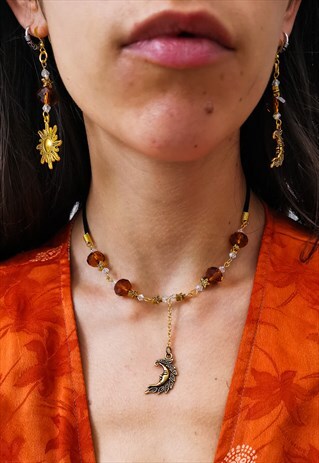 GOLD & AMBER CRYSTAL MOON GODDESS CHOKER / NECKLACE