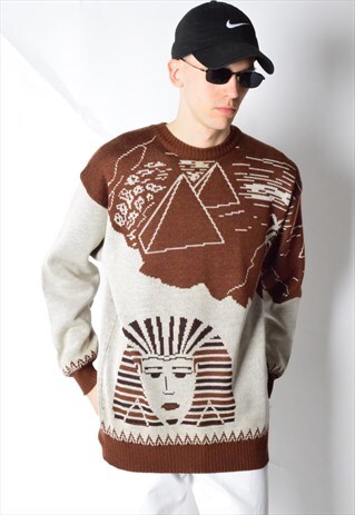 VINTAGE 90S BROWN BEIGE WOOL BLEND EGYPTIAN JUMPER