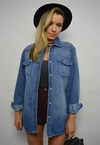 VINTAGE 90S LEE COOPER MEDIUM BLUE WASH DENIM SHIRT GRUNGE