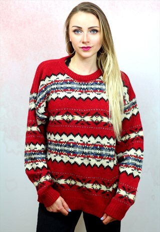 1980S VINTAGE RED ICELANDIC WOOL KNIT JUMPER