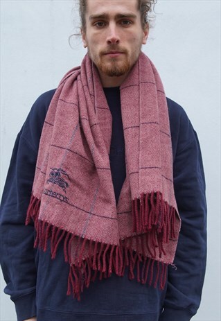 VINTAGE 80S BURBERRY CHECK SCARF SHAWL PINK LOGO SPELLOUT