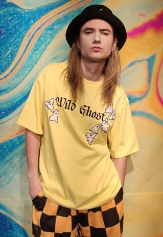GHOST PATCH T-SHIRT FLOCK CASPER CARTOON MESH TEE IN YELLOW