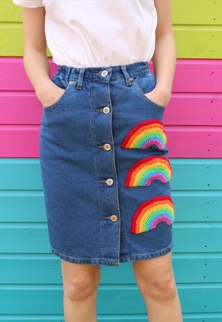 VINTAGE REWORKED BLUE FESTIVAL RAINBOW DENIM SKIRT