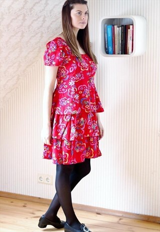 BRIGHT REDD FLORAL FRILL DRESS