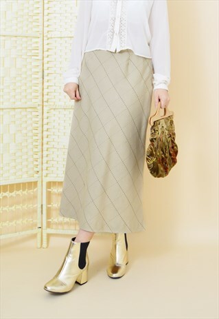 VINTAGE 90'S MIDI SKIRT IN BEIGE CHECK PATTERN