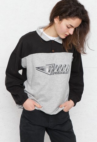 VINTAGE GREY BLACK POLO NECK PULLOVER SWEATSHIRT