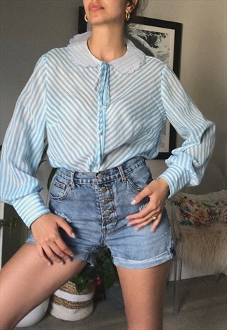 PETER PAN COLLAR BLUE STIPE COTTON BLOUSE