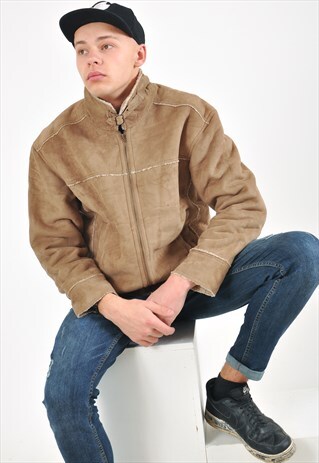 VINTAGE FAUX SHEARLING FAUX SUEDE LEATHER COAT IN BEIGE