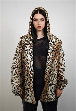 Hooded leopard fleece coat brown animal print tie-dye trench