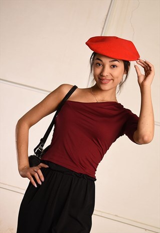 Y2K BURGUNDY MINIMALIST OFF-SHOULDER PARIS CHIC LYCRA TOP