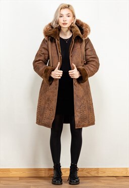 Vintage 80's Women Hooded Faux Sheepskin Coat in Brown