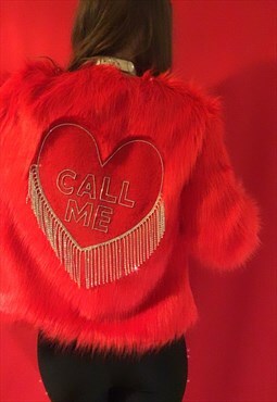 Embellished Red Faux Fur Love Hearts Jacket Call Me Festival