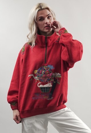 VINTAGE 80'S RED NAVAJO EMBROIDERED ZIP-UP FLEECE