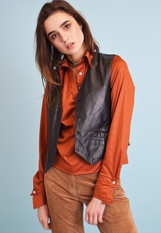 90'S RETRO GRUNGE BLACK GENUINE LEATHER VEST GILET TOP