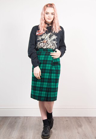 90'S VINTAGE GREEN TARTAN CHECK MIDI KILT WRAP SKIRT