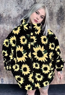 Sunflower fleece bomber handmade daisy floral coat jacket 