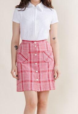 Vintage 60s Button Up Front Red Checkered Mini Skirt S