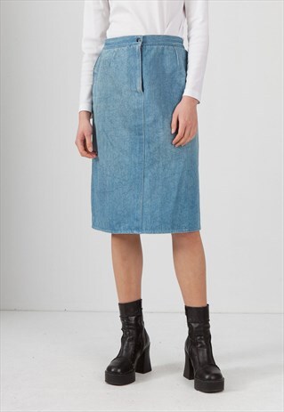 VINTAGE BLUE DENIM MIDI PENCIL SKIRT