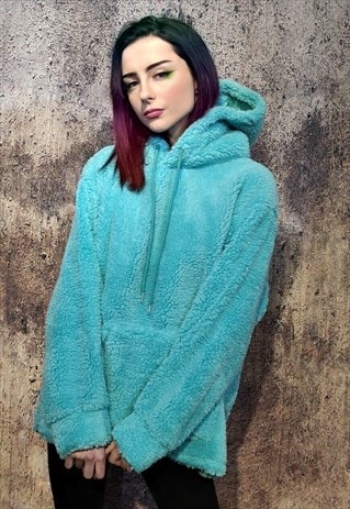 FLEECE HOODIE LOOSE FIT FLUFFY PULLOVER HOODED JUMPER TEAL