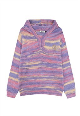 Knitted stripe hoodie zigzag hooded jumper in pink blue 
