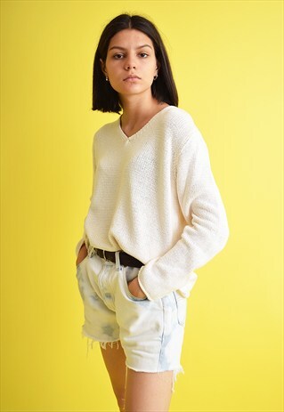 90'S RETRO WHITE SCANDI KNIT OVERSIZED JUMPER TOP
