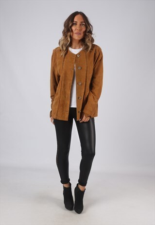 VINTAGE SUEDE LEATHER JACKET 90'S BROWN UK 14 (9XAF)
