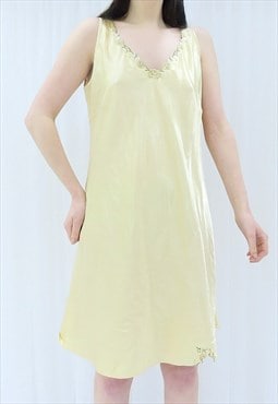 90s Vintage Gold Floral Embroidered Satin Dress (Size L)