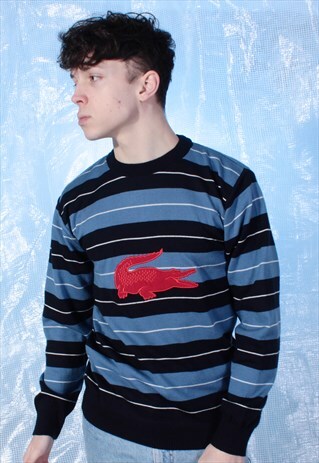 VINTAGE LACOSTE BLUE, BLACK AND RED EMBROIDERED JUMPER