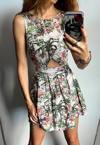 PALM TREE PRINTED PSYCHEDELIC LOLITA GIRLY DAY MINI DRESS XS