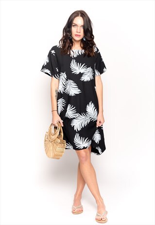 CY MULTI LEAVES PRINT BLACK WHITE CONTRAST COTTON DRESS