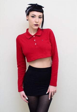 00'S RETRO RED REWORKED CROPPED TOMMY HILFIGER POLO SHIRT