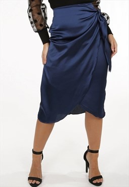 Satin Tie Up Wrap Skirt In Navy