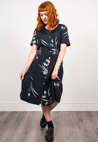VINTAGE 90'S NAVY BLUE FLORAL PRINT MIDI DRESS