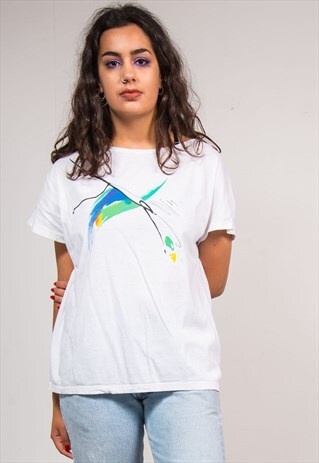 90'S VINTAGE WHITE ADIDAS ABSTRACT ART DETAIL T-SHIRT