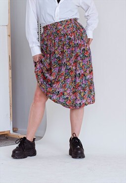 Vintage 80s Artsy Floral High Waist Midi Light Skirt In M/L
