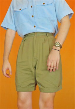 Vintage Chino Pleated Long Bermuda Shorts Khaki Green 90s