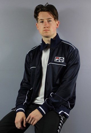 VINTAGE FILA TRACK JACKET IN NAVY WITH RUBBER PATCH LOGO AND