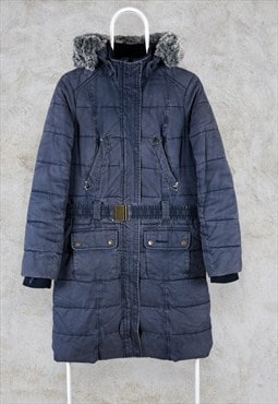 Barbour Fibre Down Jacket Parka Blue  Belted Women's UK 8