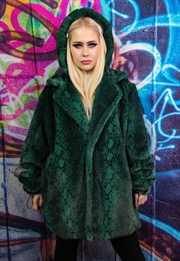 Python fleece coat handmade snake faux fur jacket in green