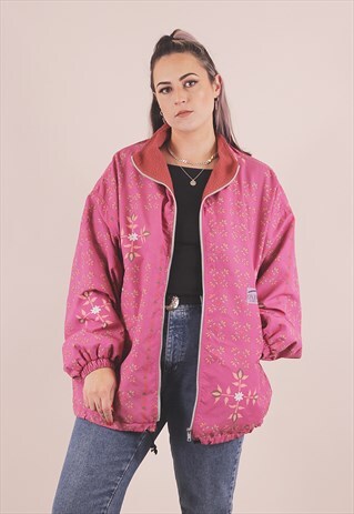 VINTAGE CRAZY PRINT FLORAL FLEECE LINED PINK JACKET /A3059