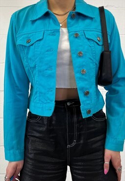 Vintage 90s Y2k Blue Turquoise Cropped Denim Jacket